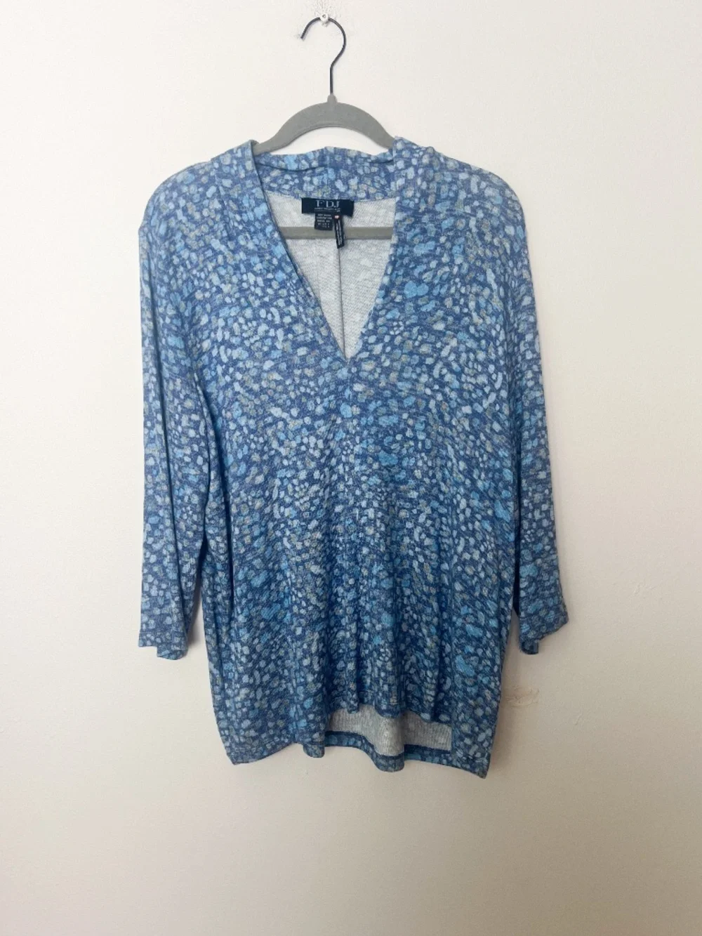 French Dressing Jeans Blue Abstract Print V-Neck 3/4 Sleeve Knit Top L | Boho